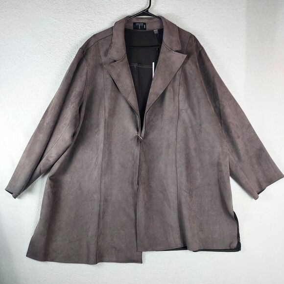 Tahari 3X Faux Leather Open Front Jacket Plus Size Topper, Ash Smoke Stretch NWT - Picture 1 of 11